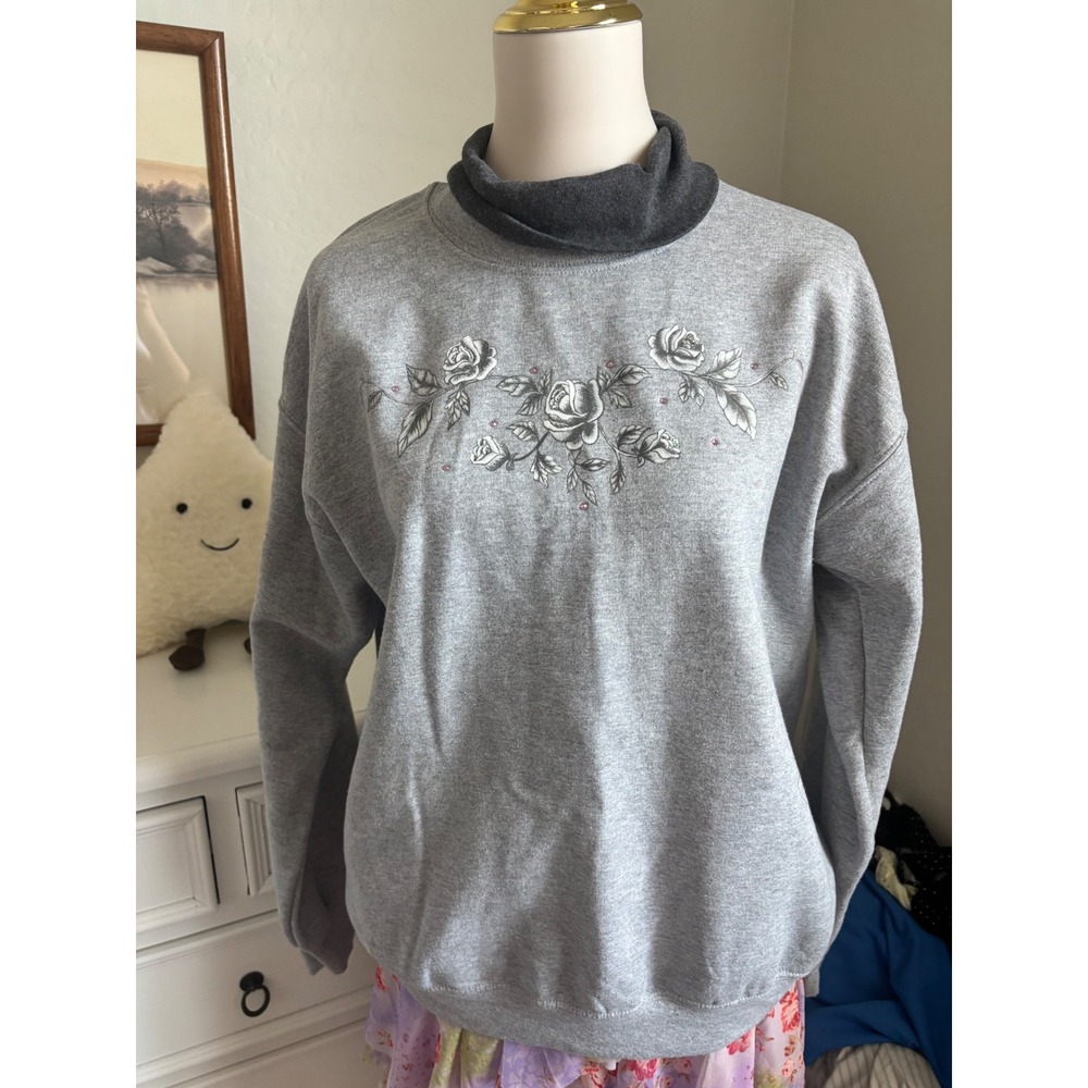 Vintage Floral Rose Sweatshirt 90s Double Collar Grey Rhinestone Pullover M